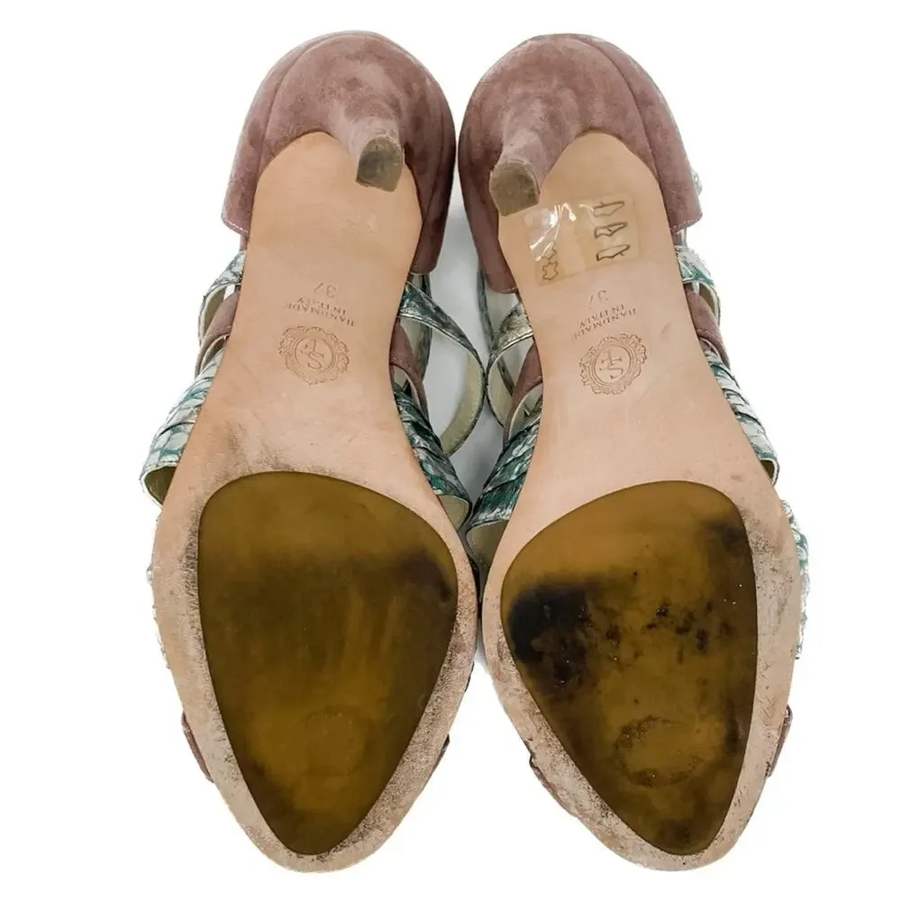 Sarah Flint Vilma Suede & Snakeskin Sandals aqua mauve gold size 37 US7